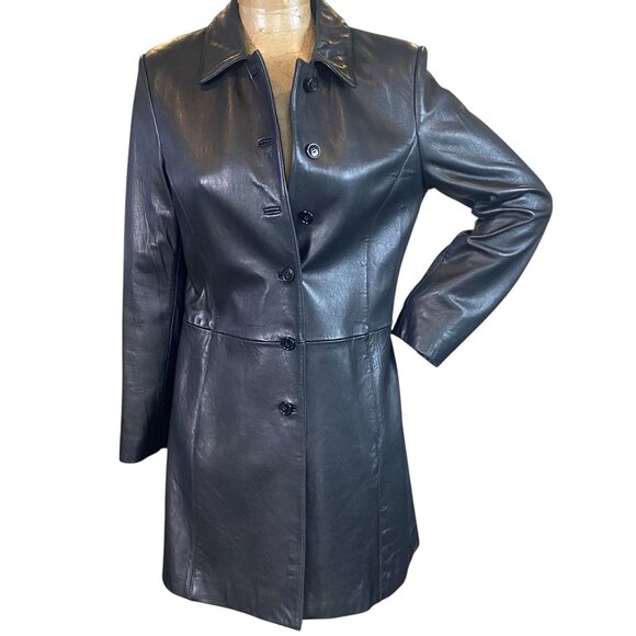 Genuine Leather Long Jacket/Coat Sz M Black by Casual Corner in EUC #264G - Picture 1 of 13